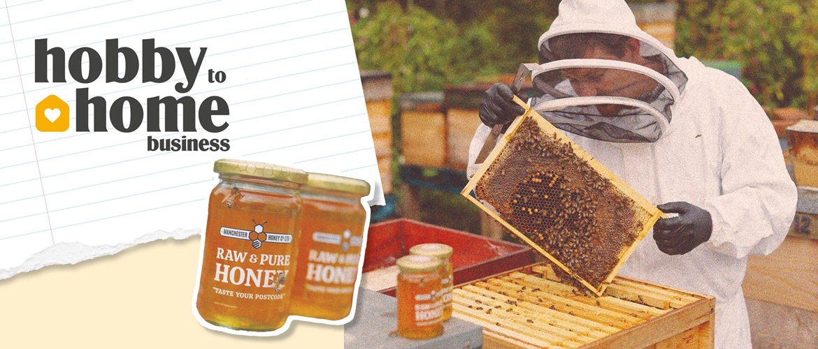 Graphic of hobby to home business with a situ shot of Gareth Trehearn, owner of Manchester Honey Company