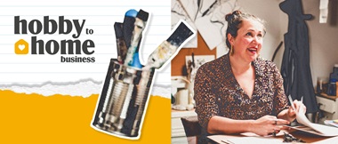 Graphic of hobby to home business with situ shot of Andrea Ainsworth, owner of NuForms