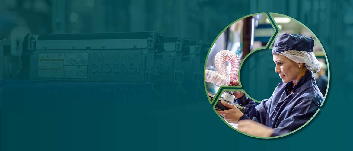 Circular process graphic containing an image of a female technician working on a toner cartridge, on a teal background