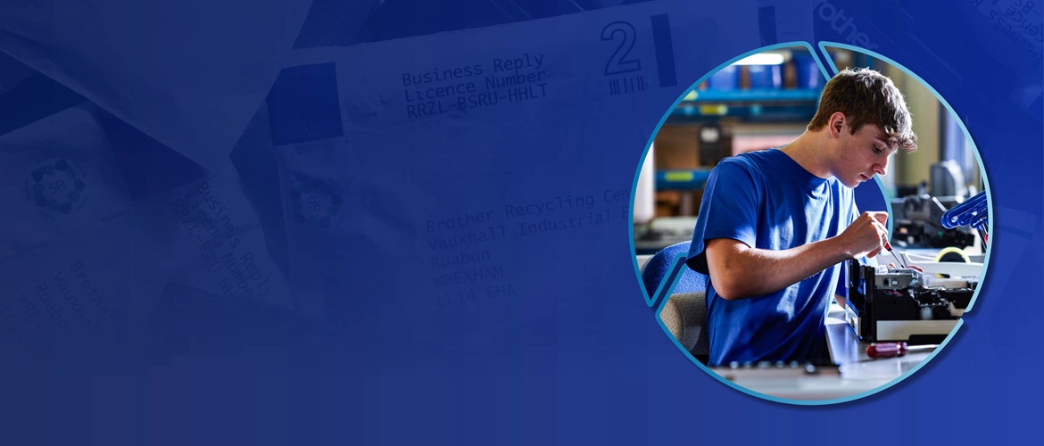 Circular process graphic containing an image of a male technician working on a printer, on a dark blue background
