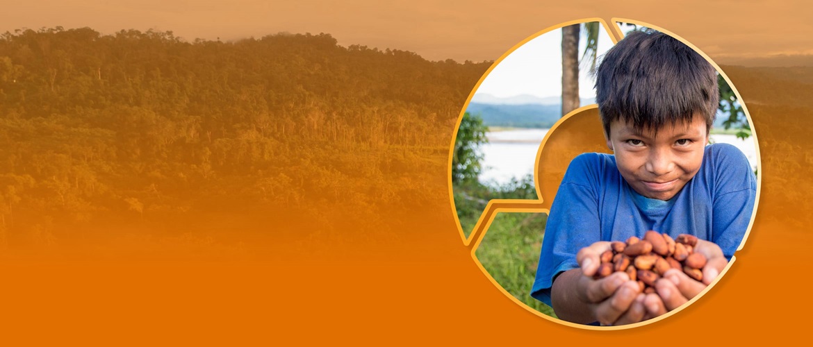 Circular process graphic containing an image of a young boy holding a pile of nuts in his cupped hands, on an orange background