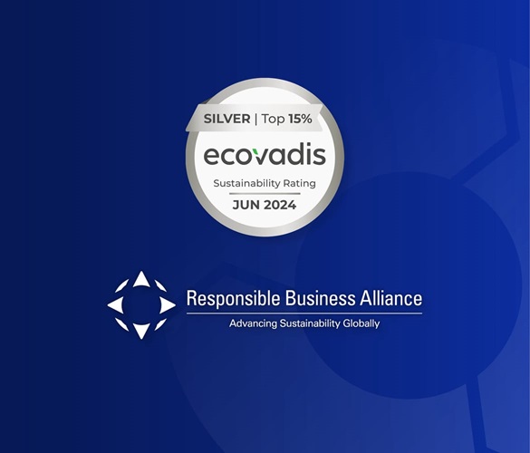 EcoVadis silver sustainability rating Jun 2024 and RBA certification on a dark blue background