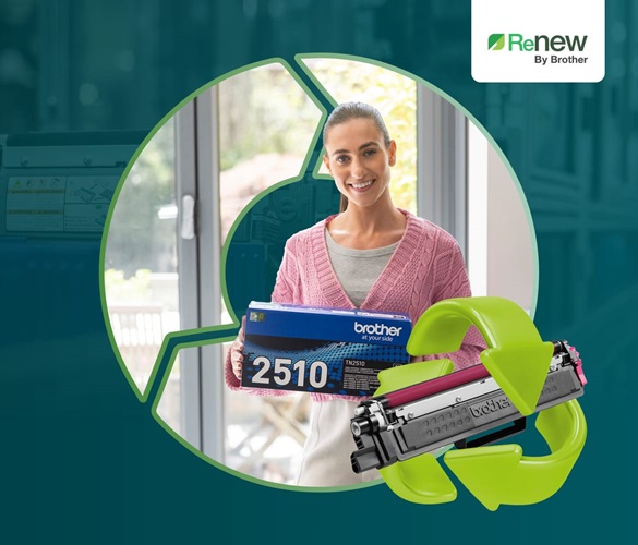 Circular process graphic containing an image of a woman holding a toner cartridge box with a recycle symbol overlaid on a teal background