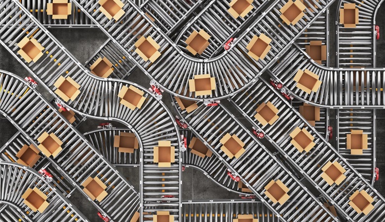 Open boxes on a number of conveyer belts