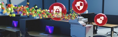 Printer in a bubble, hacker icon in bubble