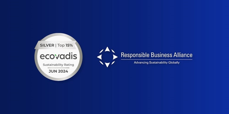EcoVadis silver sustainability rating Jun 2024 and RBA certification on a dark blue background