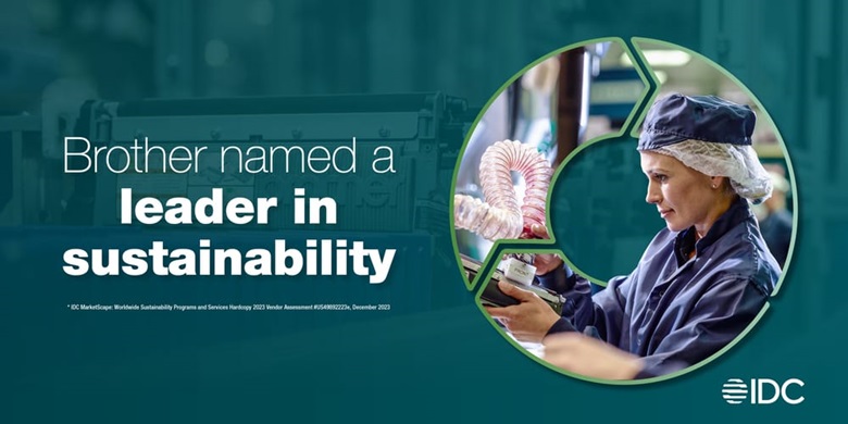 Circular process graphic containing an image of a female technician working on a toner cartridge on a teal background
