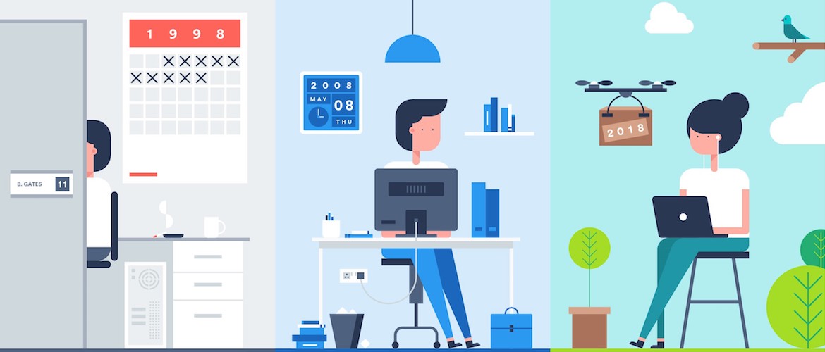 illustration showing the evolving office setting, from a cubicle to remote working