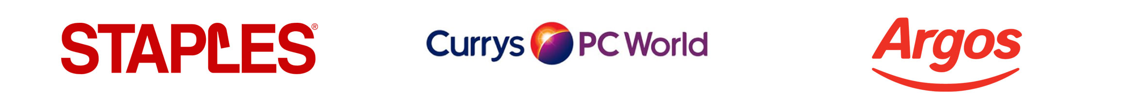 Brother trusted retailers - Staples, Currys PC World and Argos logos